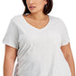 Blusa feminina de algodão liso com decote em V, cinza, tamanho 0X, estilo &amp; co