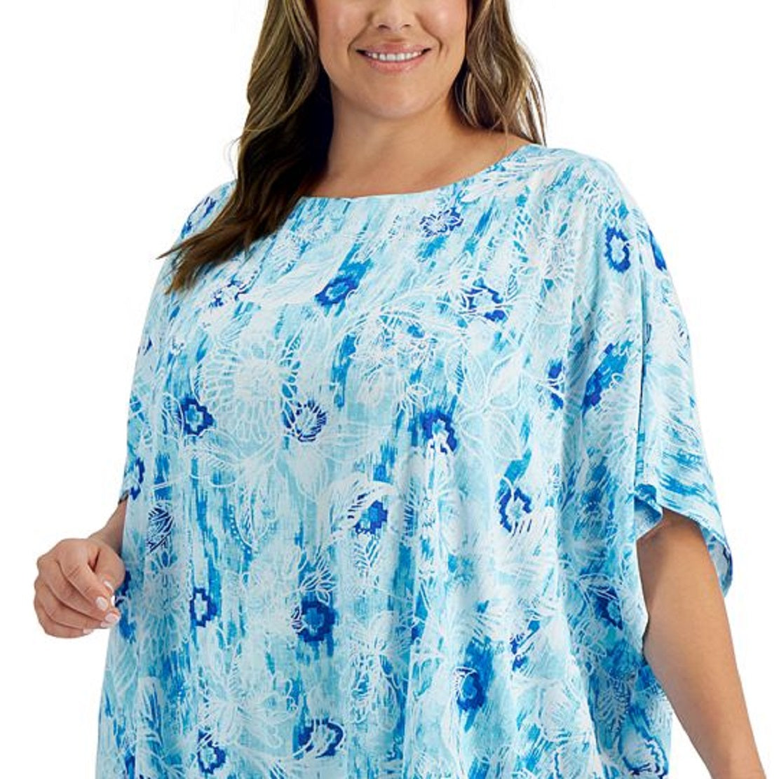 JM Collection Poncho feminino estampado de gaze azul tamanho 0X