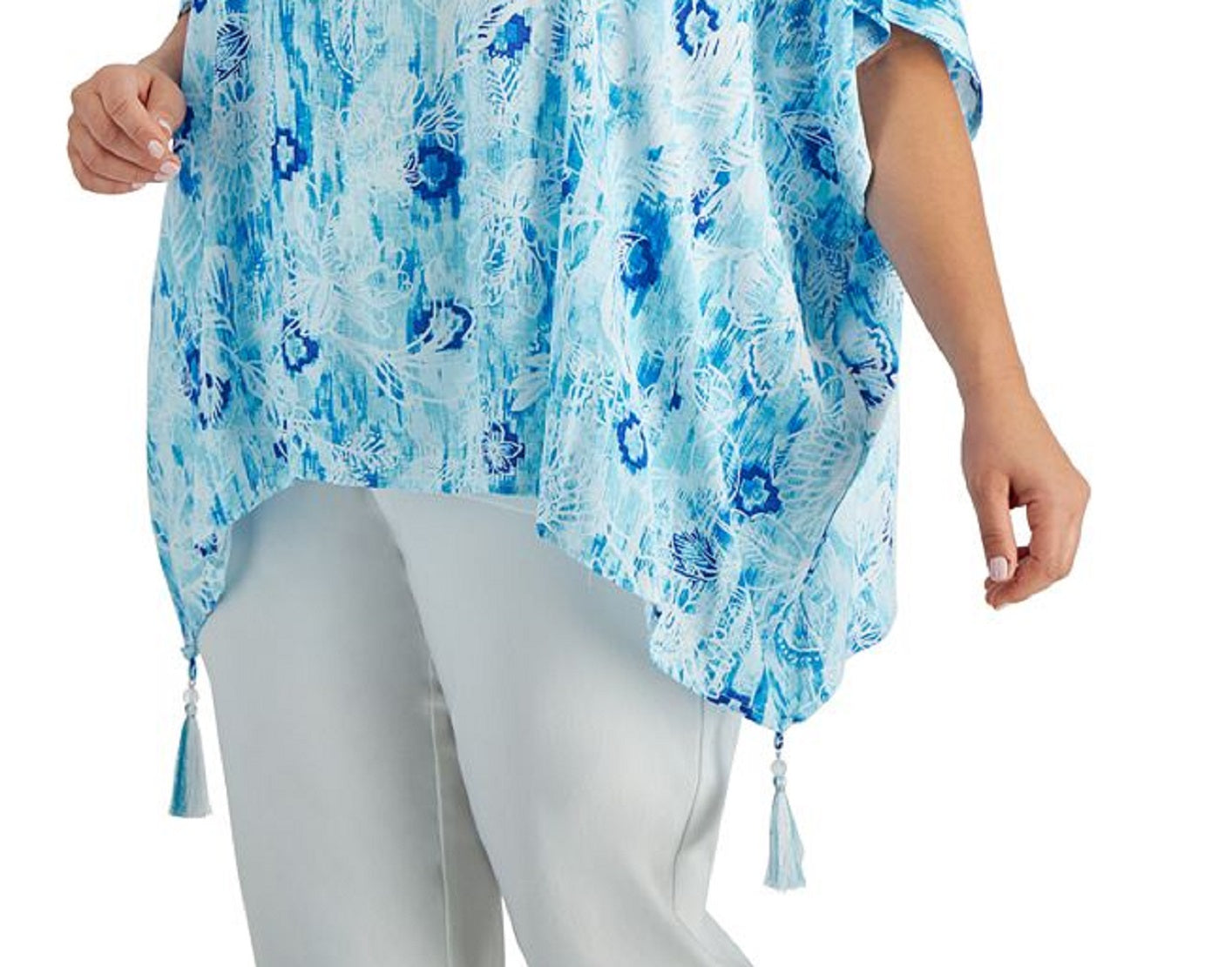 JM Collection Poncho feminino estampado de gaze azul tamanho 0X