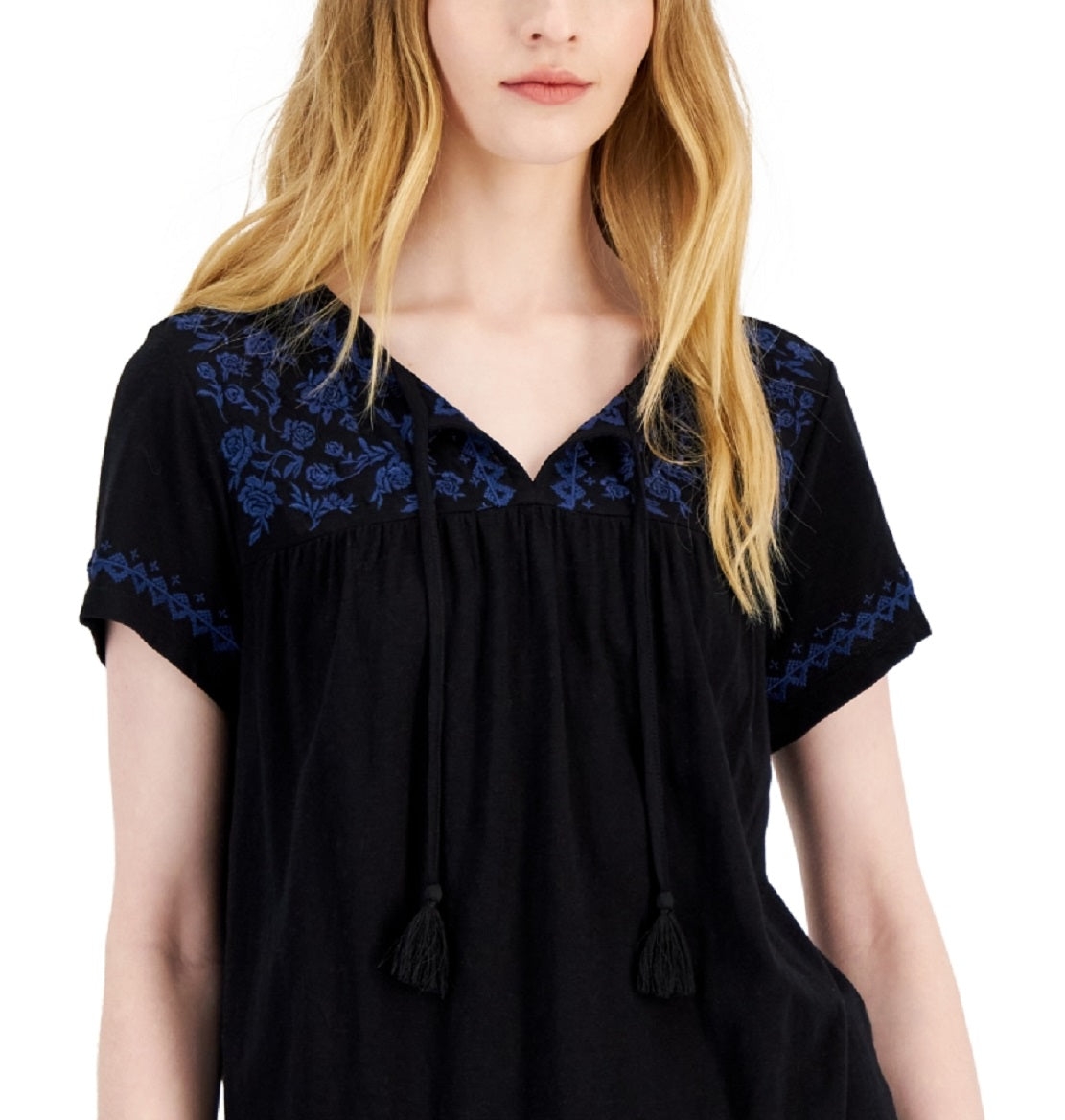 Top feminino bordado com decote dividido, preto, tamanho pequeno, estilo &amp; co