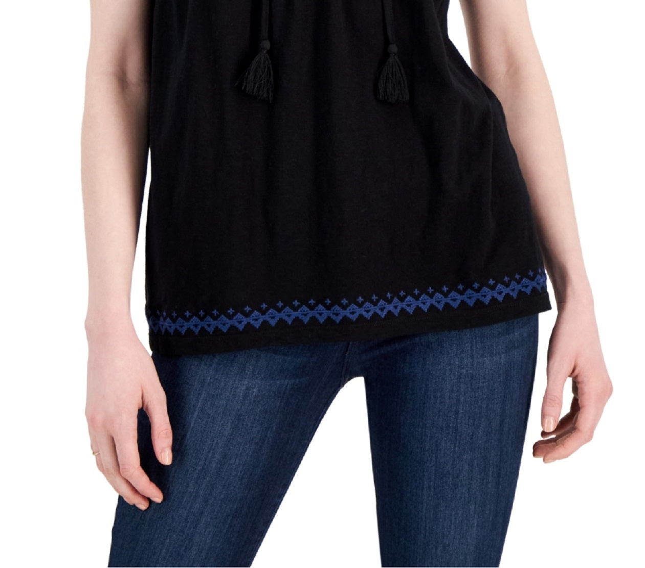 Top feminino bordado com decote dividido, preto, tamanho pequeno, estilo &amp; co