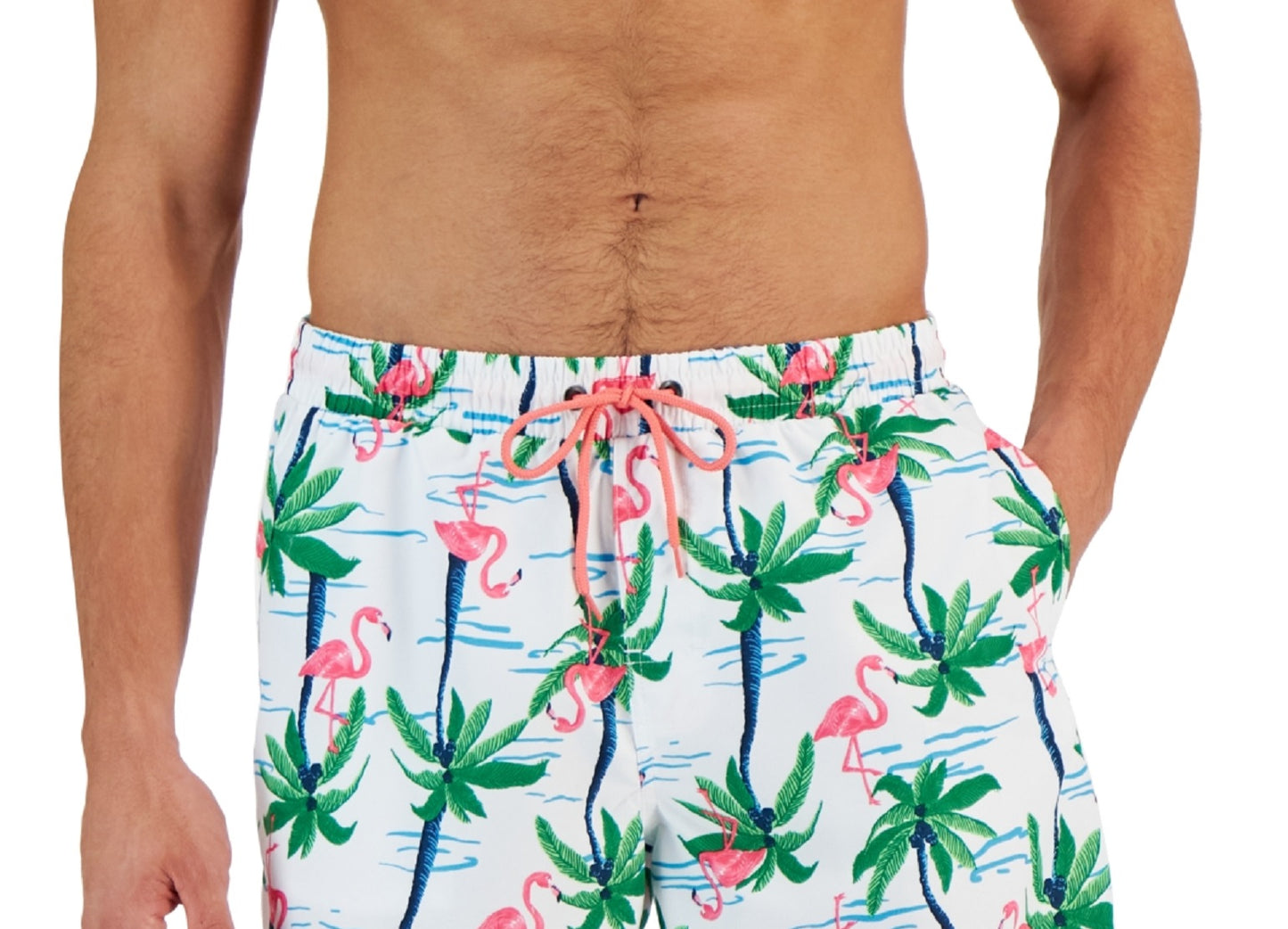 Calções de banho masculinos com estampa de flamingo e ilha Club Room, tamanho médio, branco