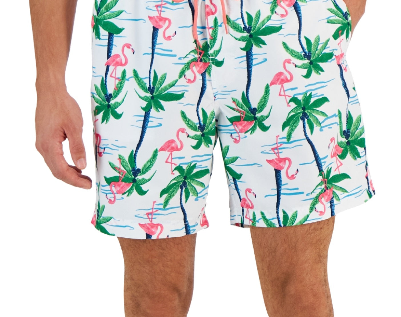 Calções de banho masculinos com estampa de flamingo e ilha Club Room, tamanho médio, branco