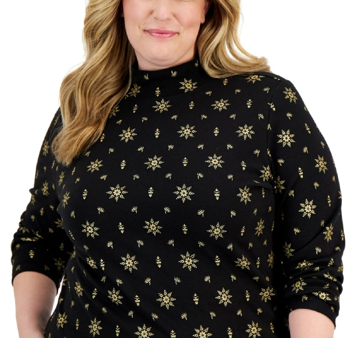 Blusa feminina Karen Scott com estampa de gola falsa e estampa de Natal, preta, tamanho 0X