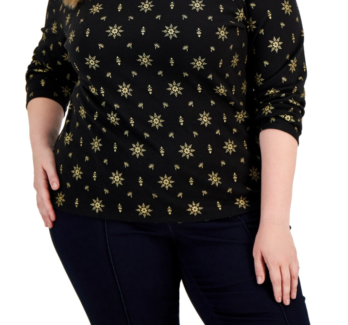 Blusa feminina Karen Scott com estampa de gola falsa e estampa de Natal, preta, tamanho 0X