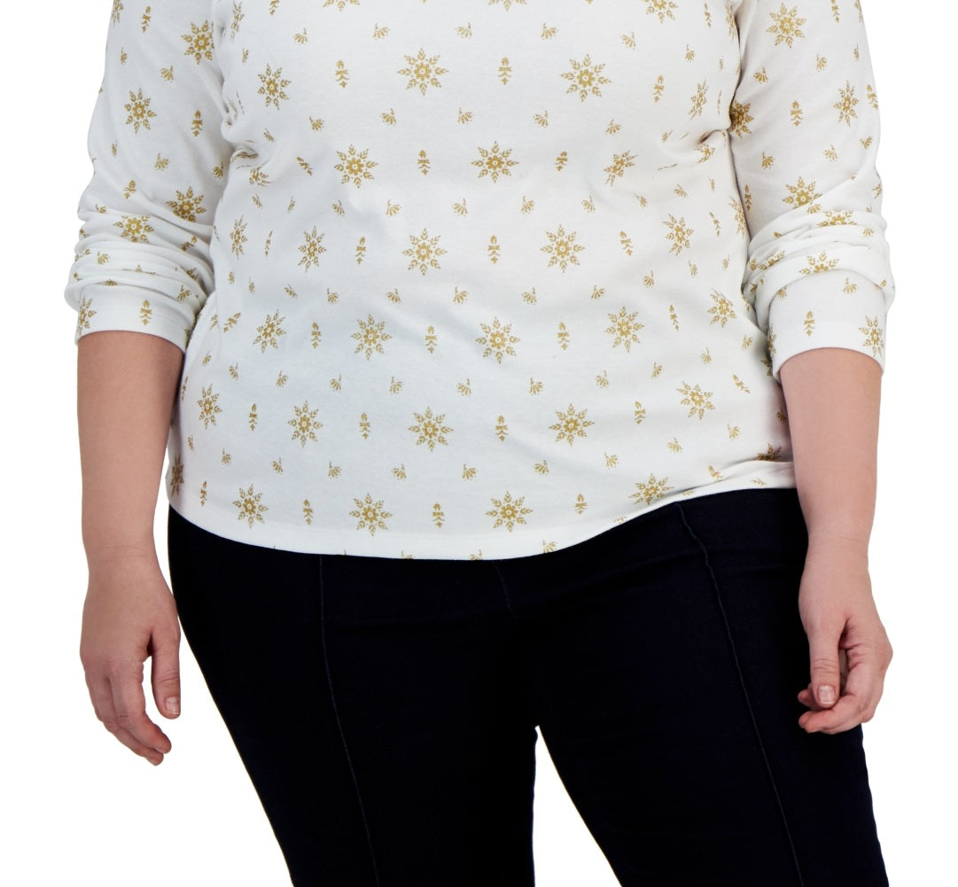 Blusa feminina Karen Scott com estampa de gola falsa para o feriado, branca, tamanho 1X