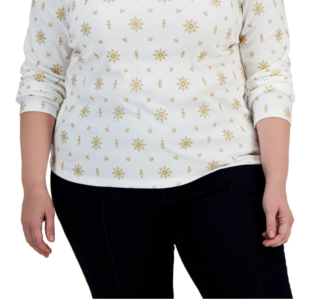 Blusa feminina Karen Scott com estampa de gola falsa e estampa de Natal, branca, tamanho 2X