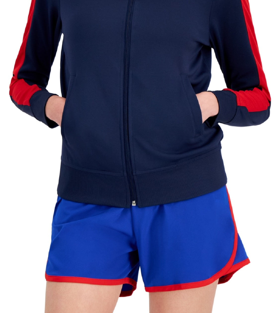 ID Ideology Jaqueta de corrida feminina com zíper e manga listrada, vermelha, tamanho X-S