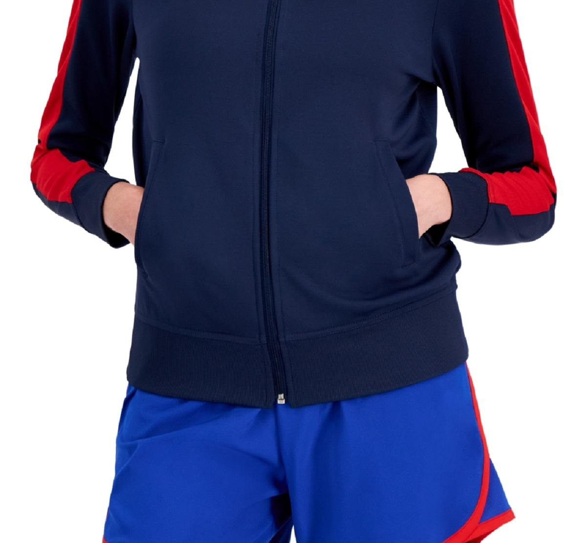 ID Ideology Jaqueta de corrida feminina com zíper e manga listrada, azul, tamanho médio