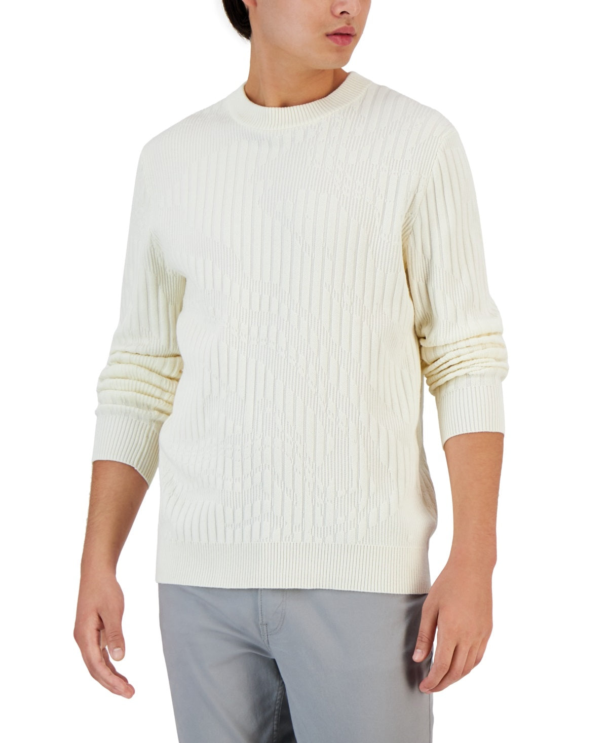 Suéter masculino Alfani com gola redonda canelada e estampa mármore, tamanho X-G, branco