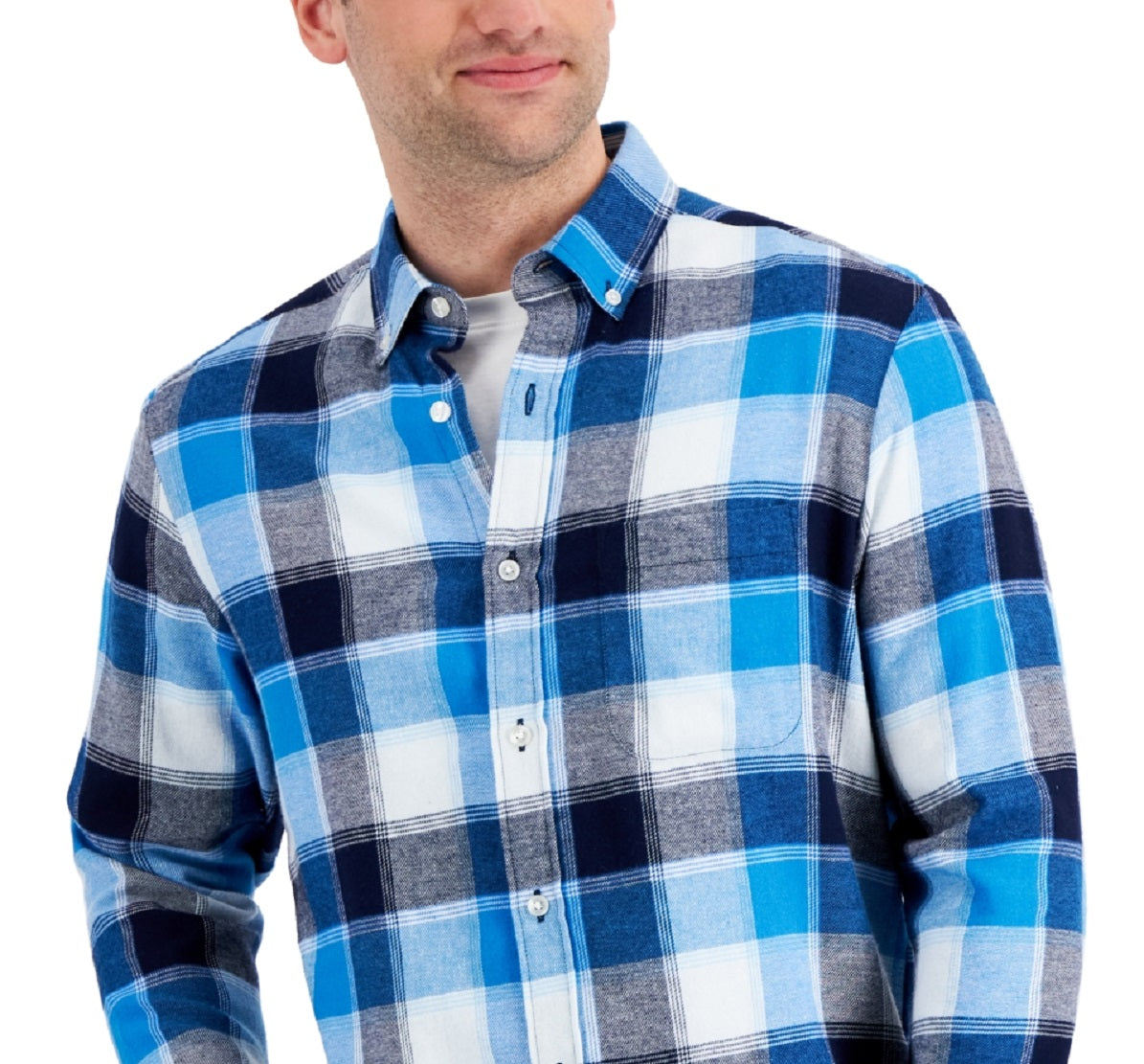 Camisa de flanela xadrez masculina Club Room, tamanho grande, azul, ajuste regular
