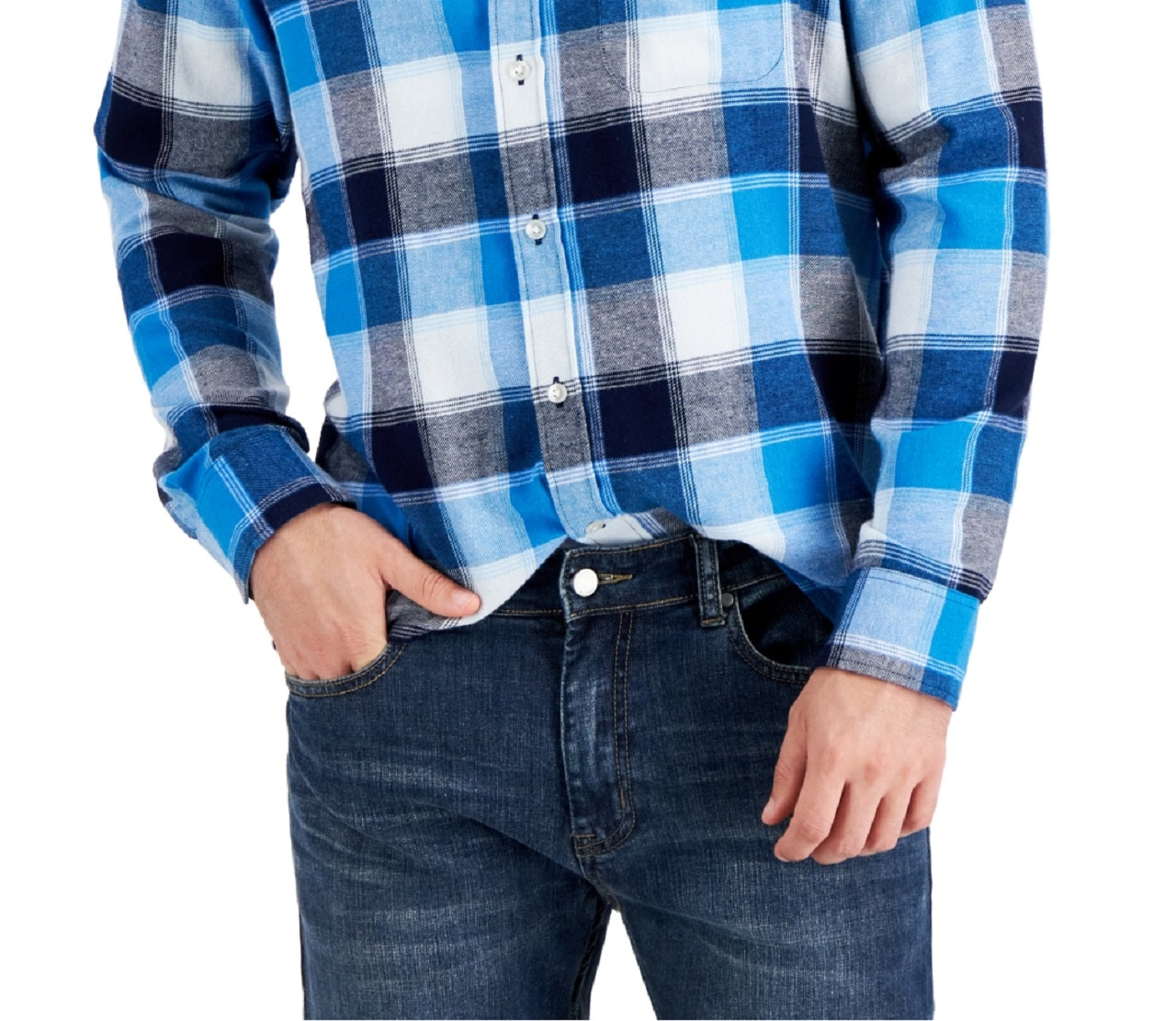 Camisa de flanela xadrez masculina Club Room, tamanho grande, azul, ajuste regular