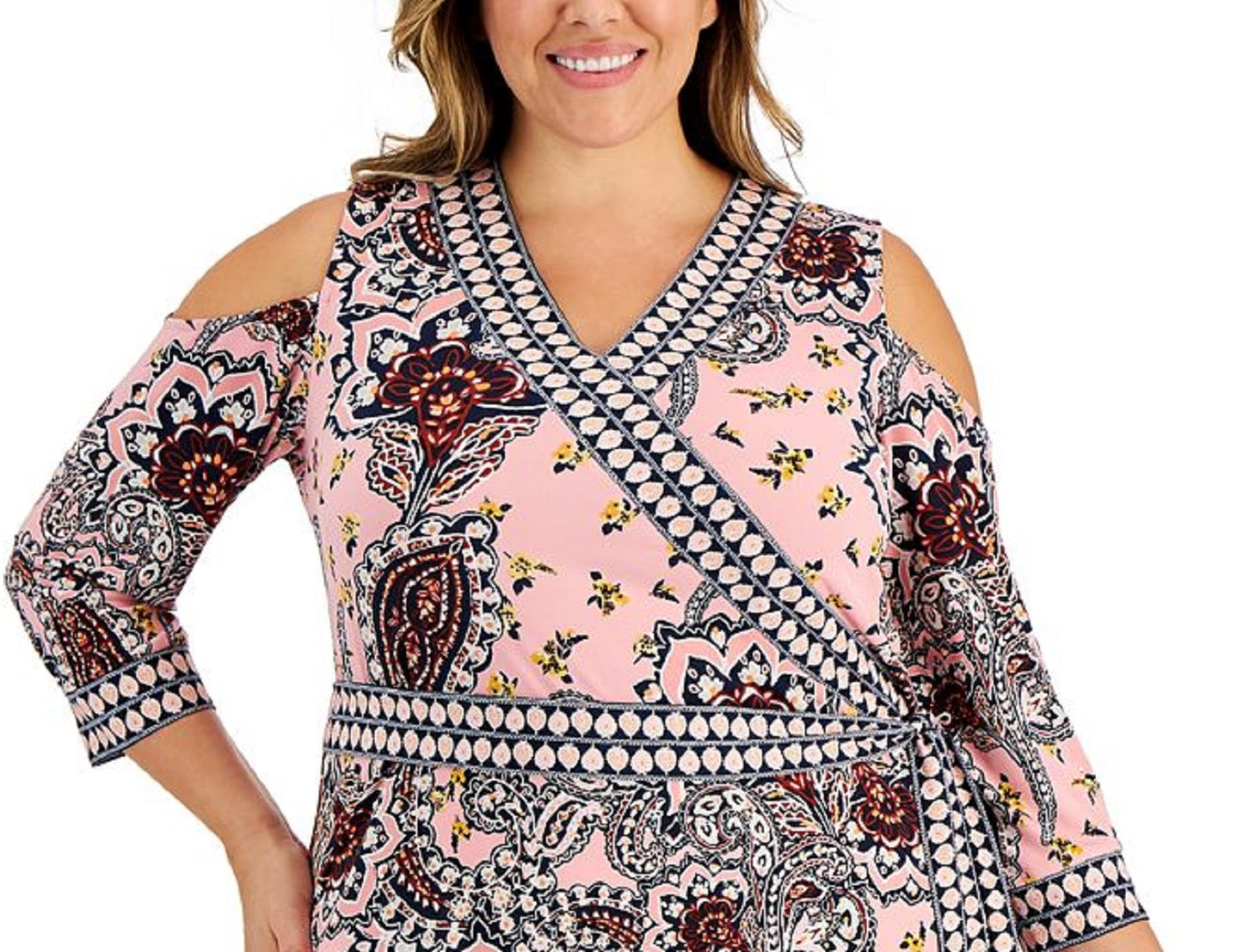 Blusa envolvente com estampa paisley Nancy da coleção JM feminina, rosa, tamanho 3X