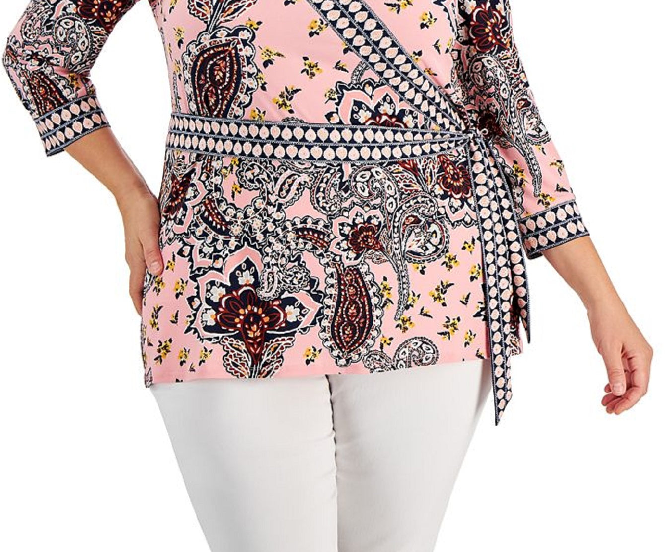 Blusa envolvente com estampa paisley Nancy da coleção JM feminina, rosa, tamanho 3X