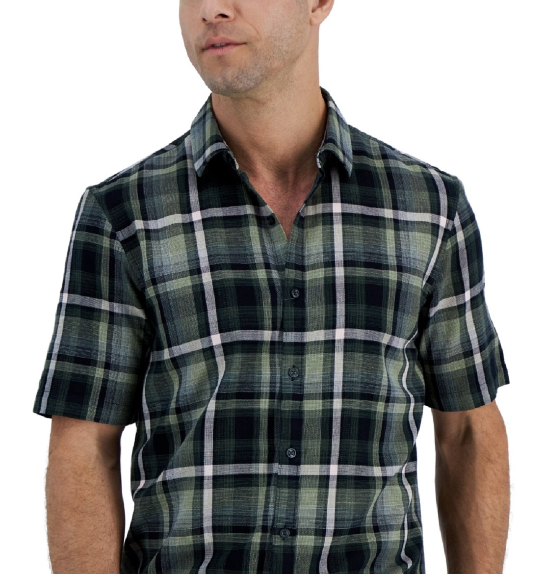 Camisa xadrez xadrez Panamá masculina Alfani, manga curta, verde, tamanho médio