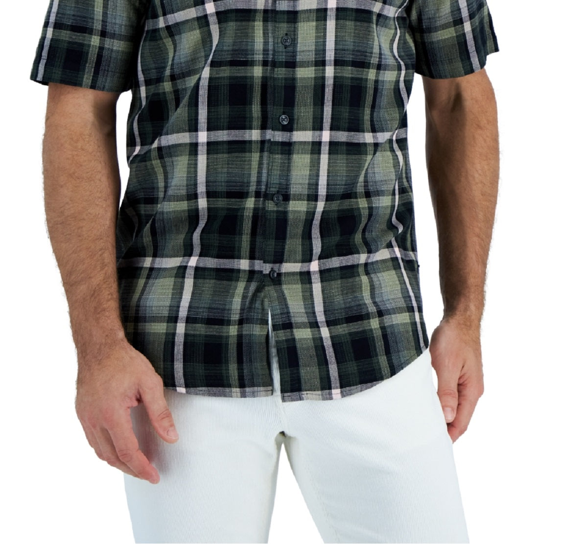 Camisa xadrez xadrez Panamá masculina Alfani, manga curta, verde, tamanho médio