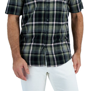 Camisa xadrez xadrez Panamá masculina Alfani, manga curta, verde, tamanho médio