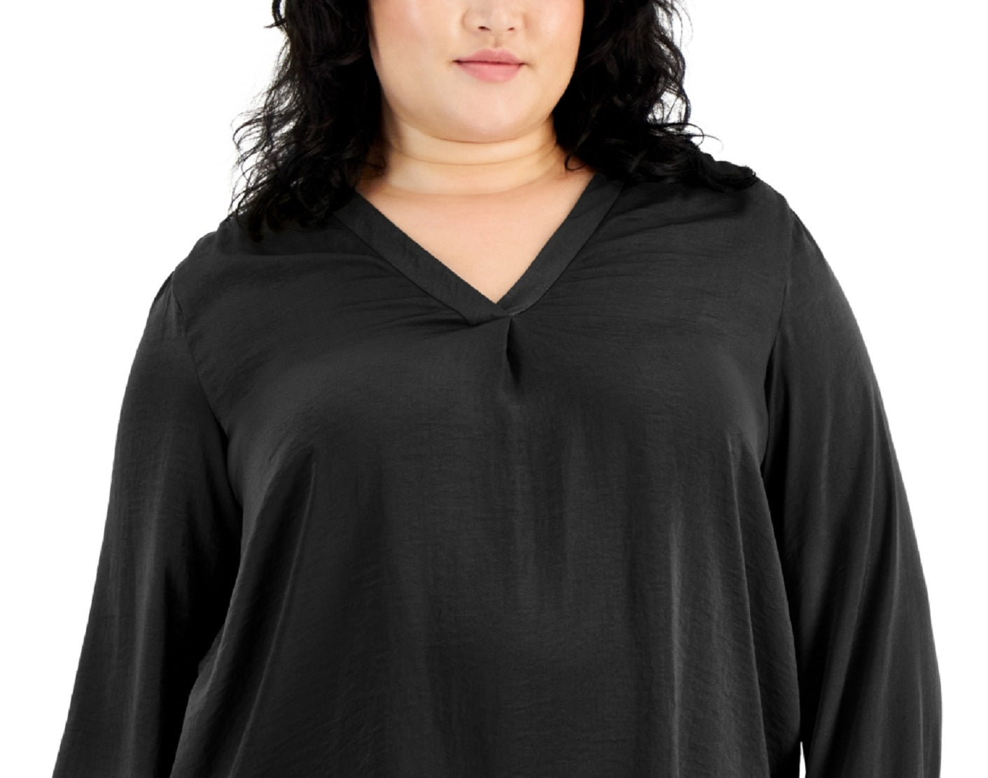 Blusa feminina Alfani com decote em V alto e baixo, preta, tamanho 3X