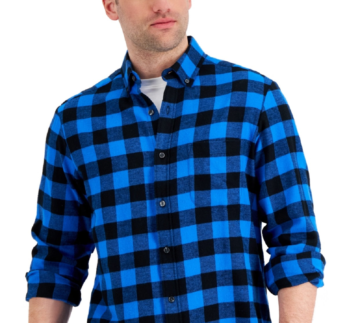 Camisa de flanela xadrez masculina Club Room, tamanho regular, azul, tamanho pequeno