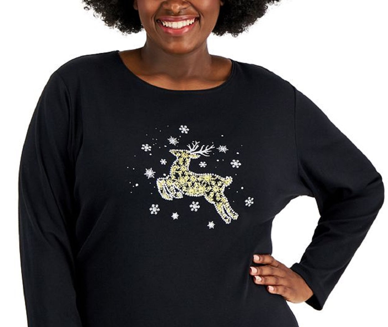 Karen Scott Blusa Feminina Estampada com Rena, Preta, Tamanho 0X