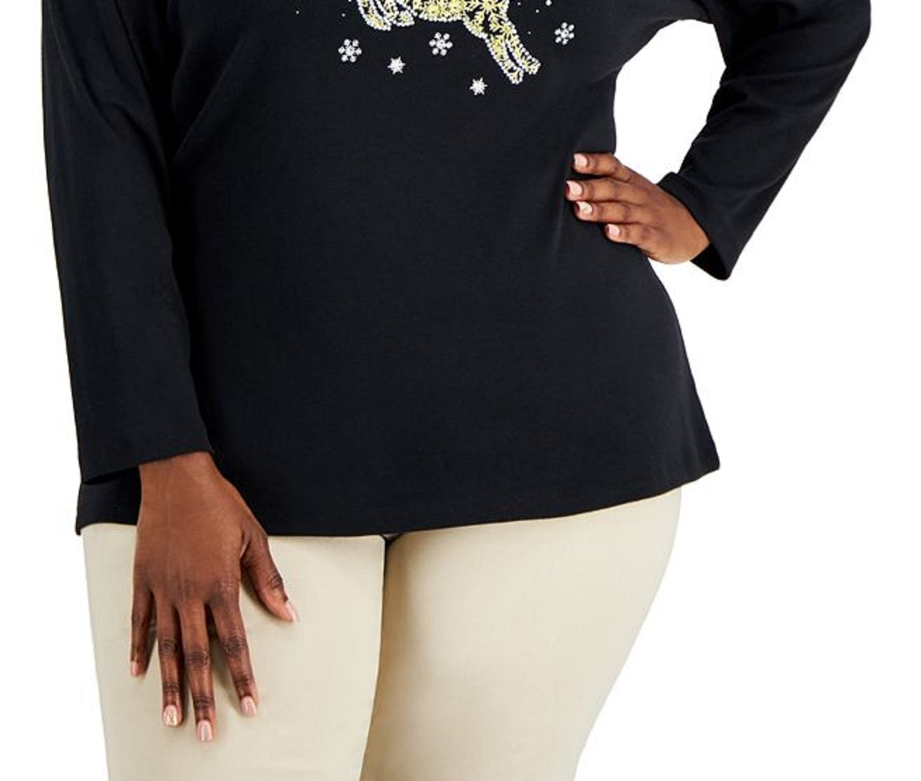 Karen Scott Blusa Feminina Estampada com Rena, Preta, Tamanho 0X