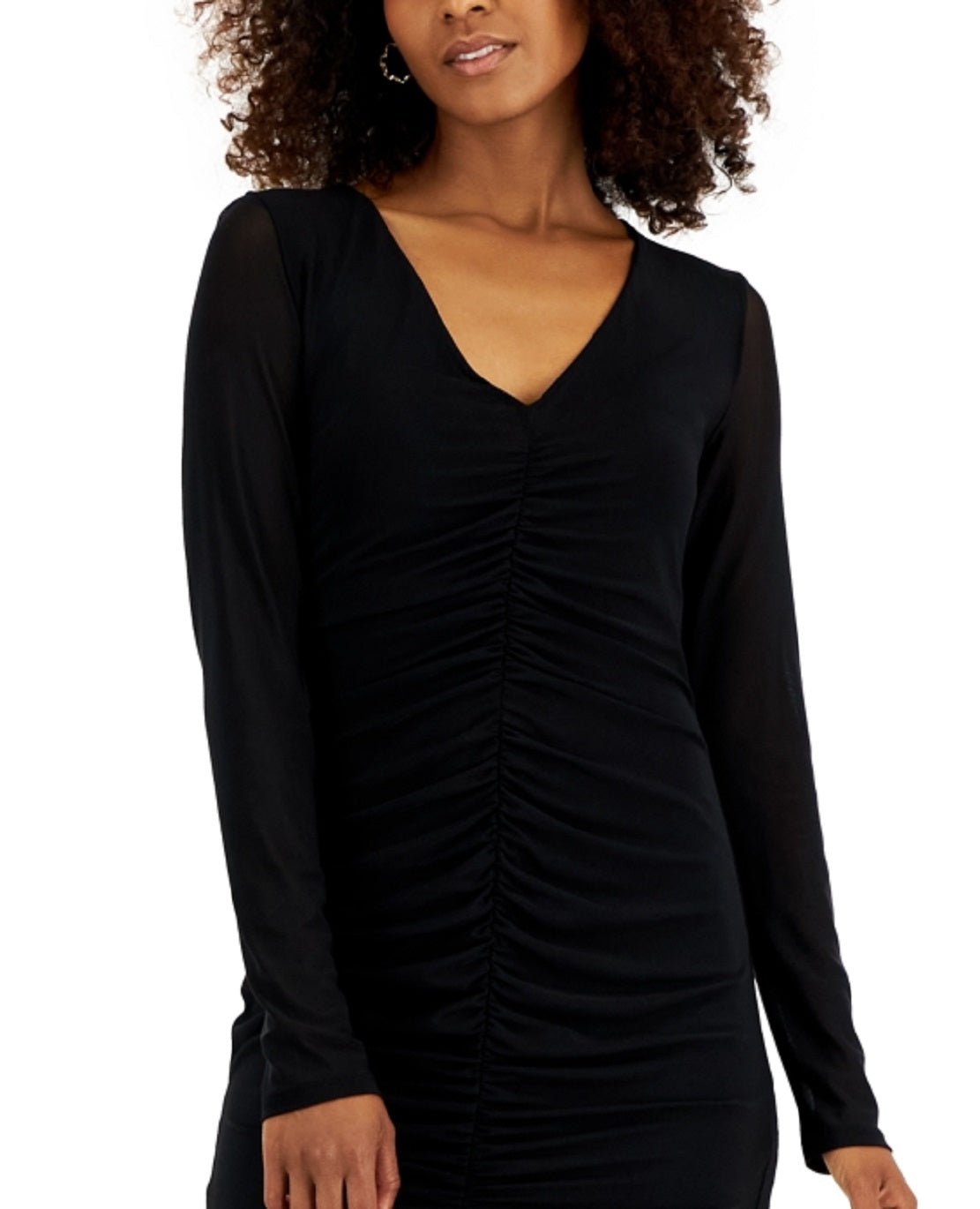 Vestido de malha franzido com decote em V feminino da INC International Concepts, preto, tamanho extrapequeno