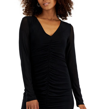 Vestido de malha franzido com decote em V feminino da INC International Concepts, preto, tamanho médio