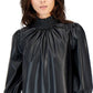 Blusa feminina INC International Concepts de couro sintético com gola franzida, preta, tamanho médio
