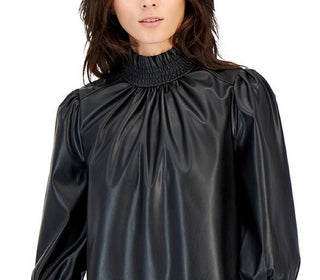 Blusa feminina INC International Concepts de couro sintético com gola franzida, preta, tamanho médio