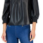 Blusa feminina INC International Concepts de couro sintético com gola franzida, preta, tamanho médio