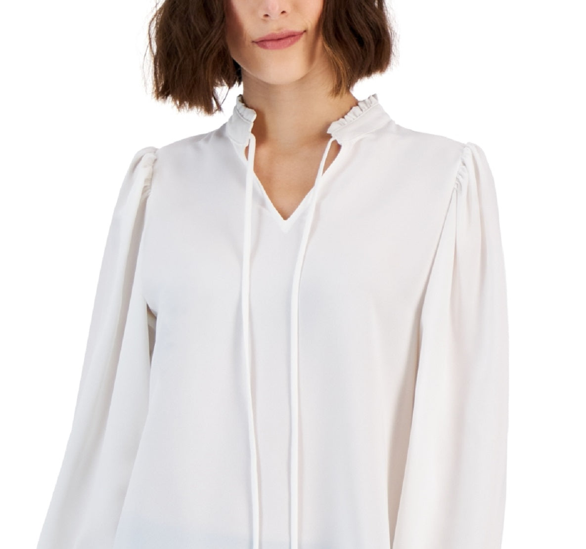 Blusa feminina Alfani com babados e gola amarrada, cor sólida, branca, tamanho médio