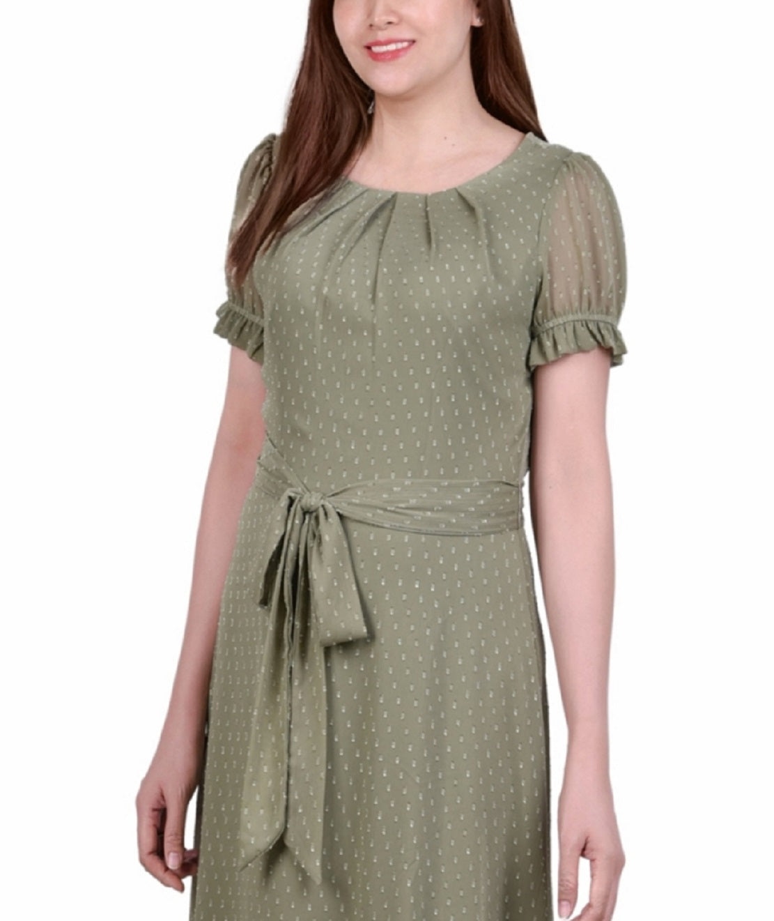 Vestido feminino NY Collection com manga curta e cinto, bolinhas suíças, verde, tamanho pequeno grande