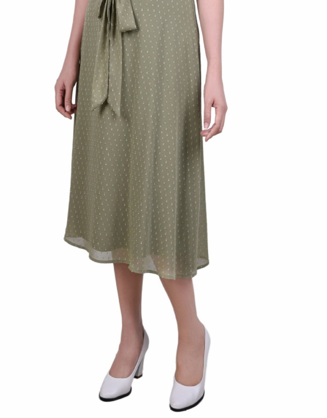 Vestido feminino NY Collection com manga curta e cinto, bolinhas suíças, verde, tamanho pequeno grande