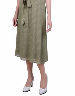 Vestido feminino NY Collection com manga curta e cinto, bolinhas suíças, verde, tamanho pequeno grande