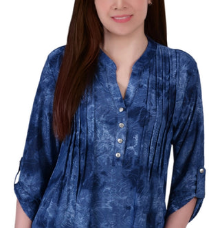 Blusa feminina NY Collection com manga 3/4 e decote em Y, azul, tamanho médio