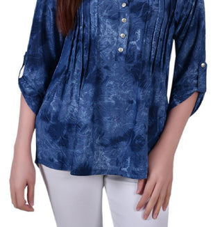 Blusa feminina NY Collection com manga 3/4 e decote em Y, azul, tamanho médio