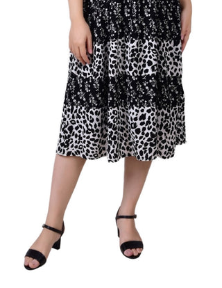 Vestido feminino NY Collection com estampa combinada e manga curta, preto, tamanho pequeno médio