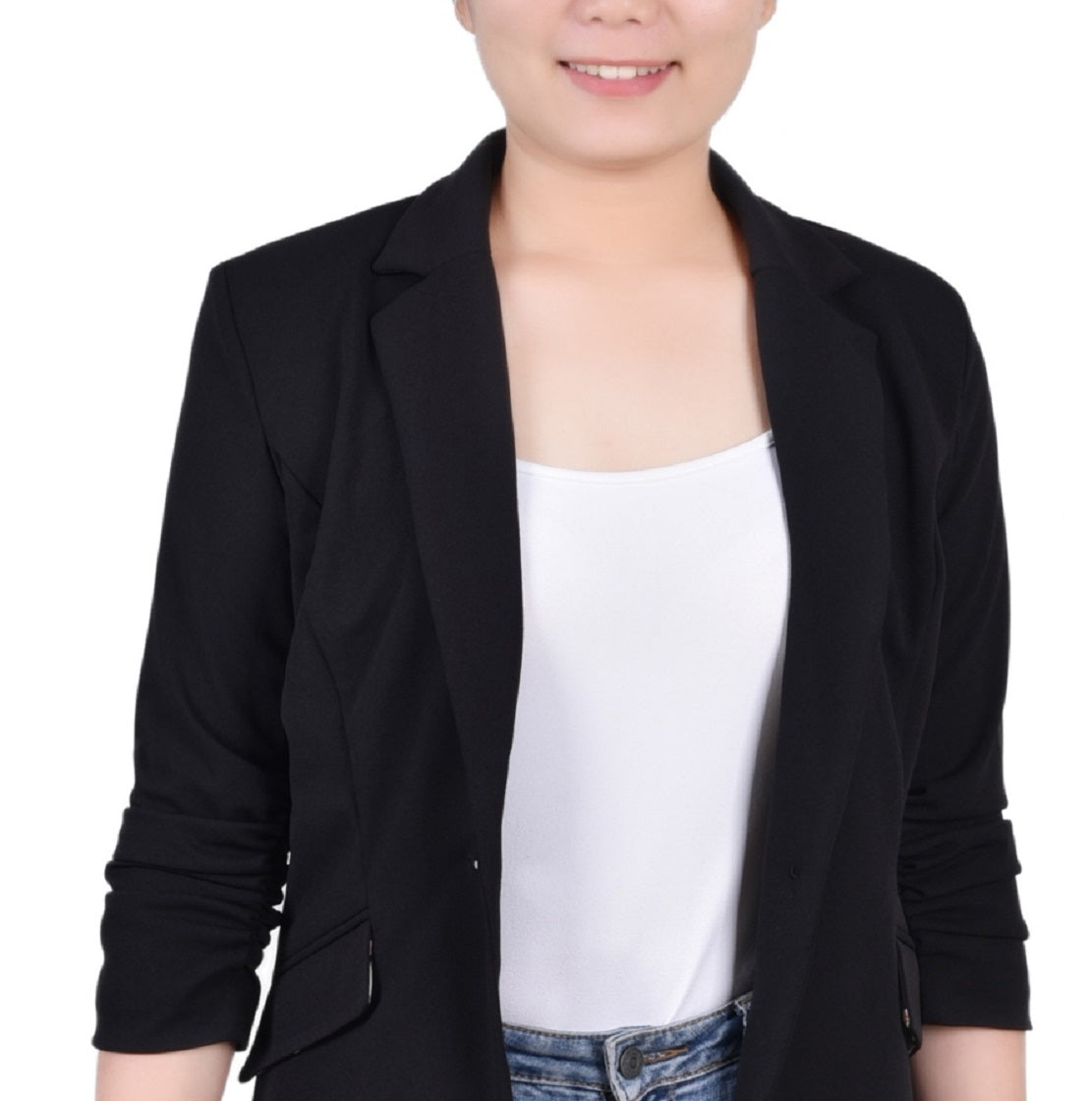 Jaqueta de crepe feminina NY Collection com manga franzida 3/4, preta, tamanho grande