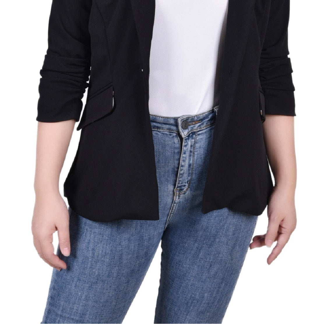 Jaqueta de crepe feminina NY Collection com manga franzida 3/4, preta, tamanho grande