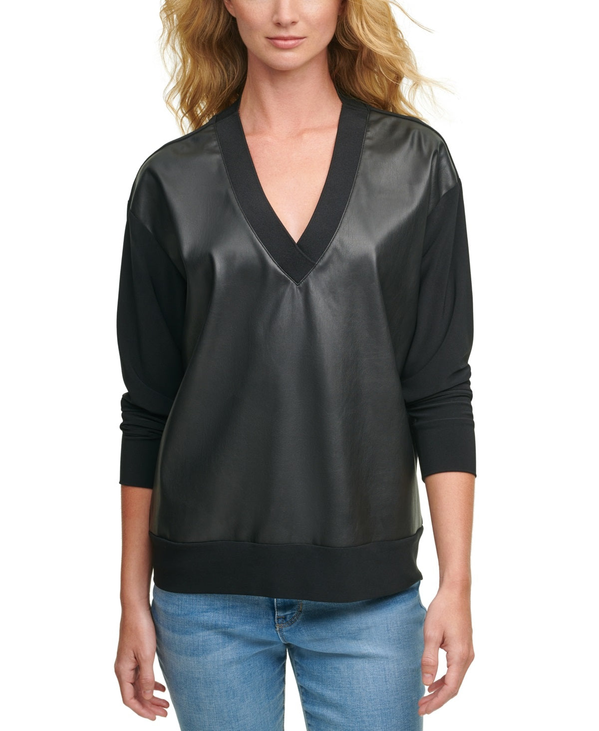Moletom feminino DKNY com decote em V frontal em couro sintético, preto, tamanho extragrande