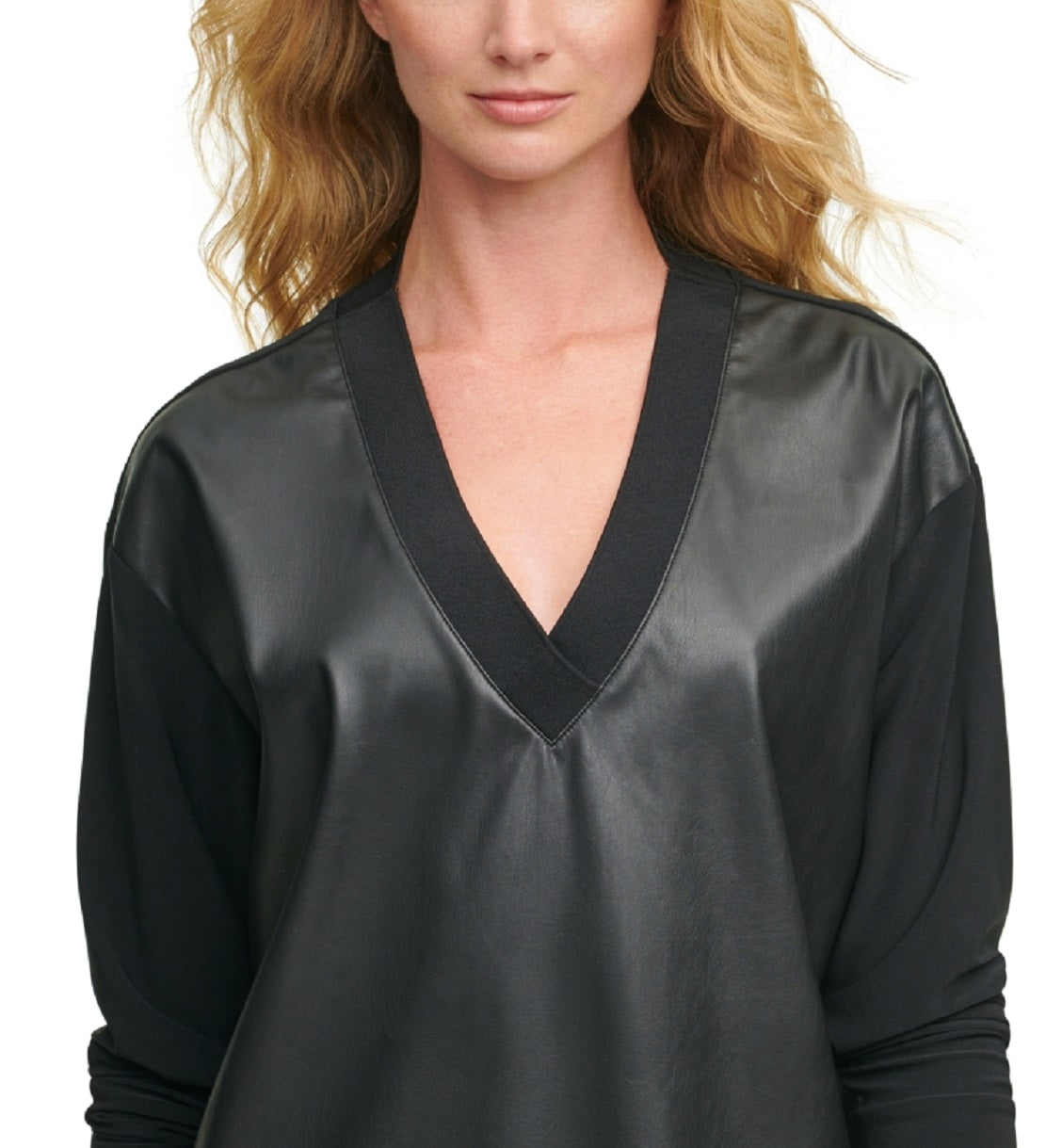 Moletom feminino DKNY com decote em V frontal em couro sintético, preto, tamanho extragrande