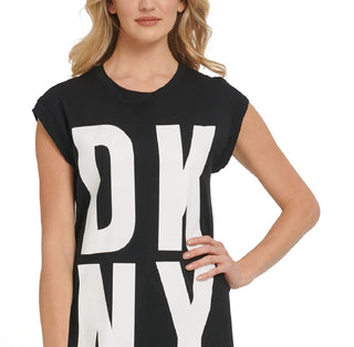 Túnica feminina DKNY com logo alto e baixo, preta, tamanho pequeno
