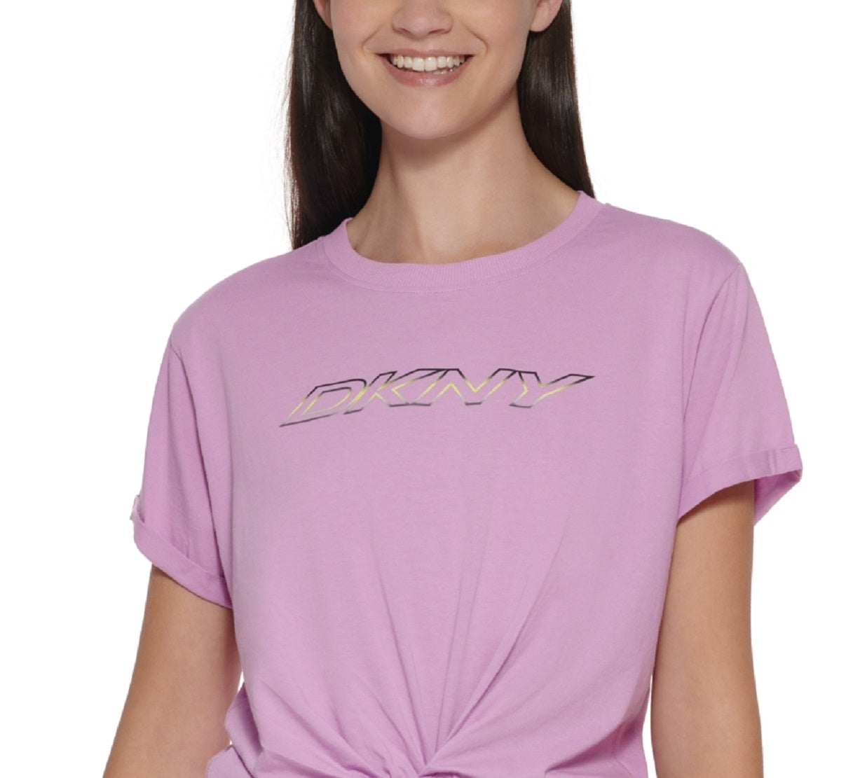 Camiseta feminina DKNY de algodão com nó e logotipo, roxa, tamanho extragrande