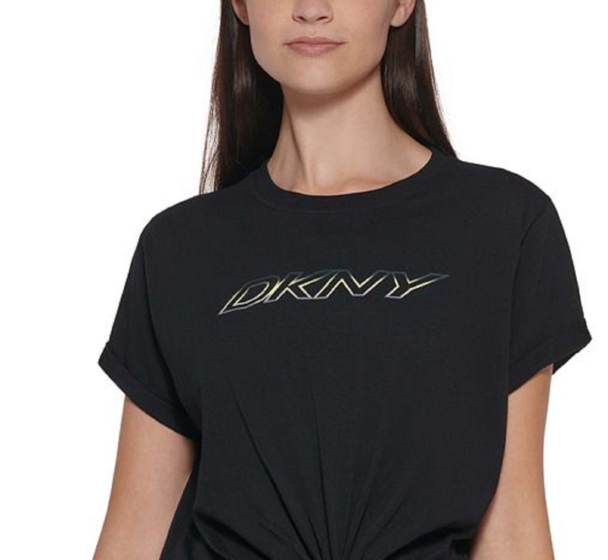 Camiseta feminina DKNY de algodão com nó e logotipo, preta, tamanho grande