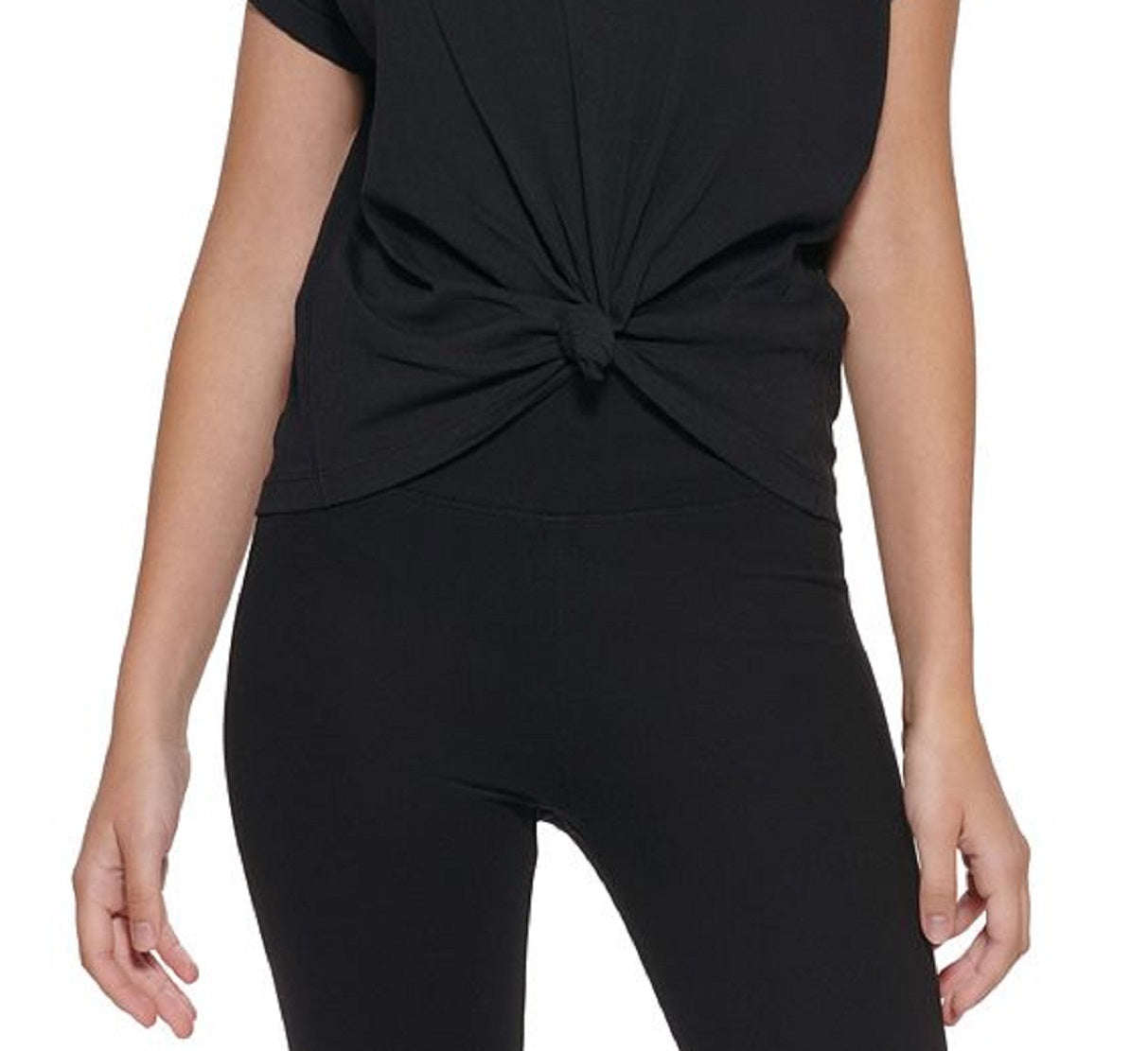 Camiseta feminina DKNY de algodão com nó e logotipo, preta, tamanho grande