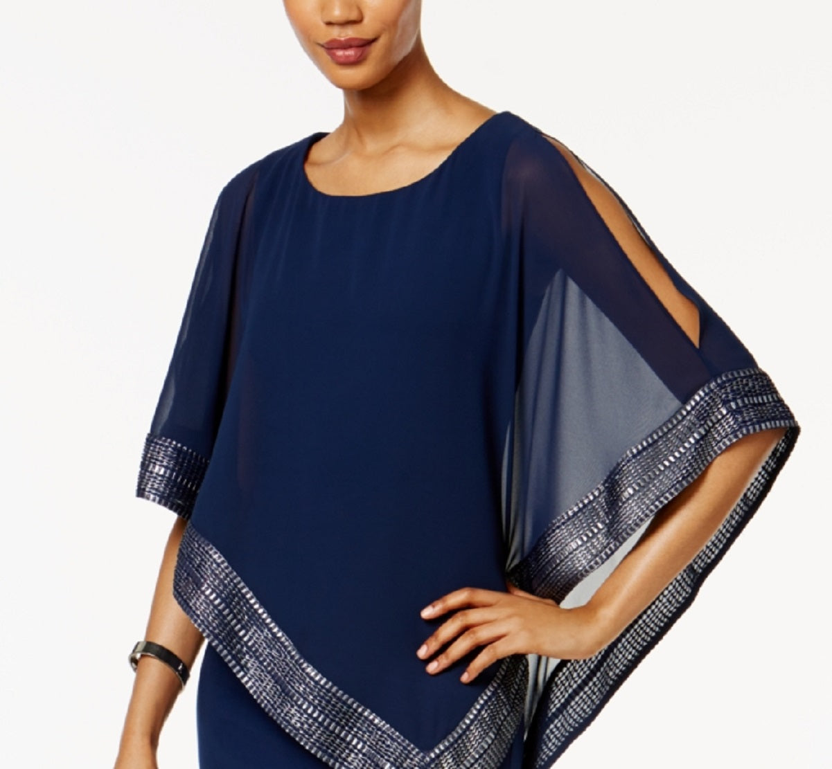 Vestido tubinho assimétrico com acabamento em folha de alumínio SL Fashions, azul, tamanho 12