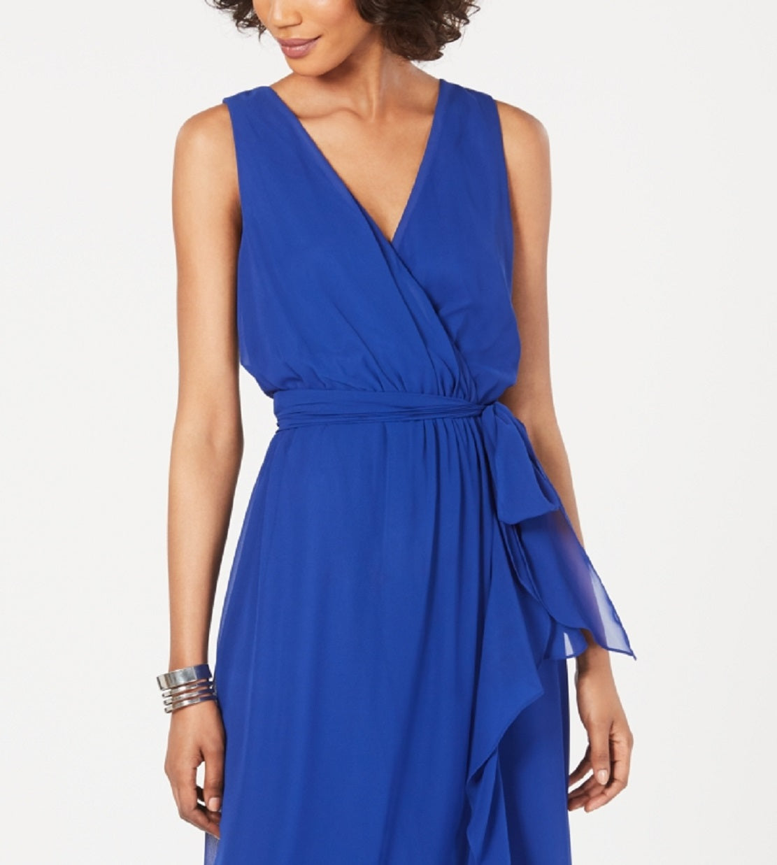 Vestido longo feminino SL Fashions com sobrepeliz alto e baixo, azul, tamanho 6