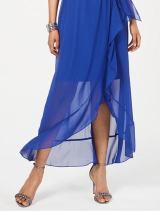 Vestido longo feminino SL Fashions com sobrepeliz alto e baixo, azul, tamanho 6