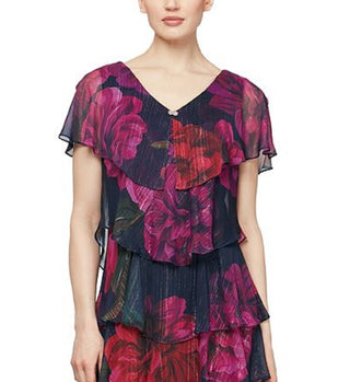 Vestido feminino SL Fashions com babados, decote canoa e mangas florais, comprimento até o joelho, rosa, tamanho 6, pequeno