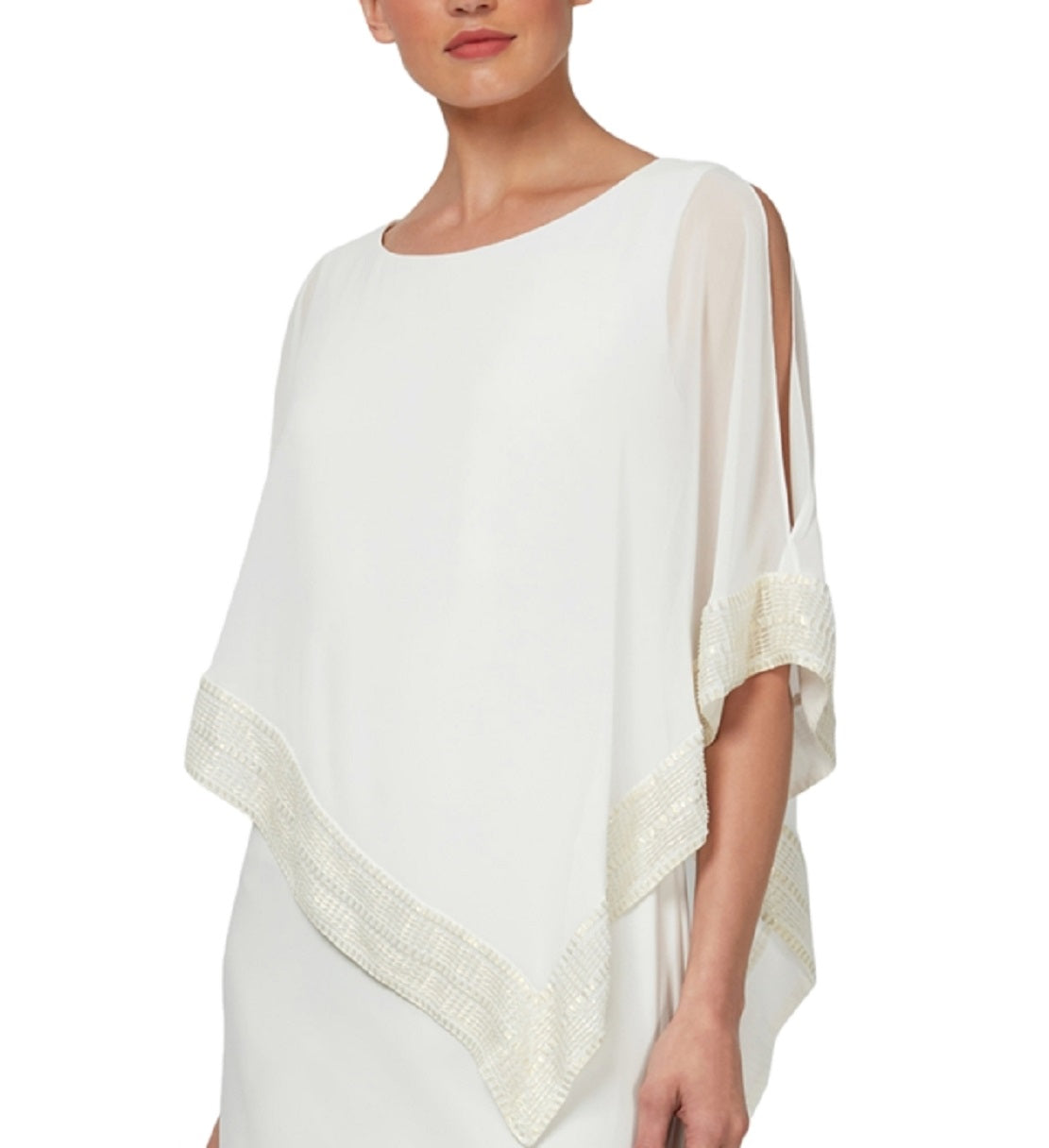 Vestido tubinho assimétrico com acabamento em folha de alumínio SL Fashions, tamanho 6, branco